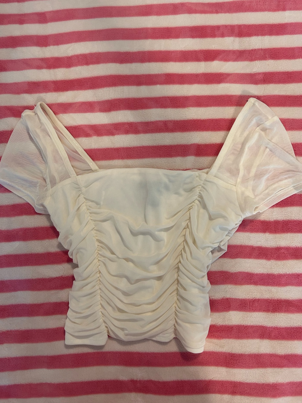 White Ruched Mesh Short Sleeve Women's Top